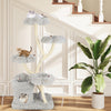 Freestanding cat tower in gray with four flower-shaped platforms and sisal scratching posts for climbing and resting.