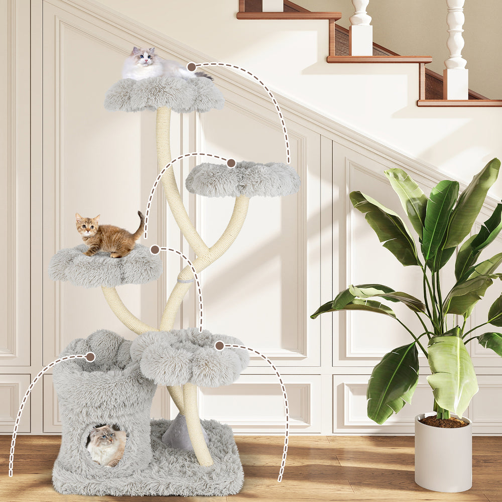 Freestanding cat tower in gray with four flower-shaped platforms and sisal scratching posts for climbing and resting.