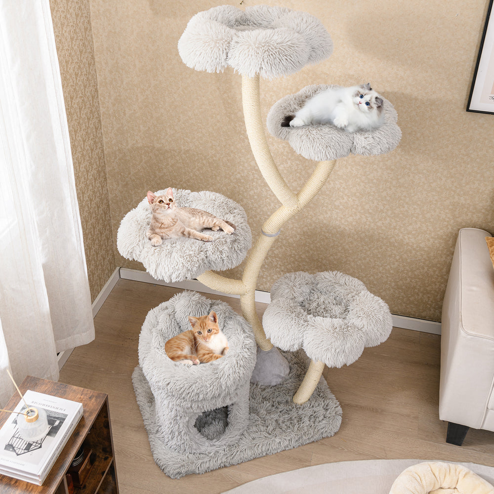 Freestanding cat tower with four flower-shaped platforms, sisal scratching posts, and cozy hideaway for playful.