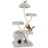 Freestanding cat tower with four flower-shaped platforms, sisal scratching posts, and cozy hideaway for playful cats.