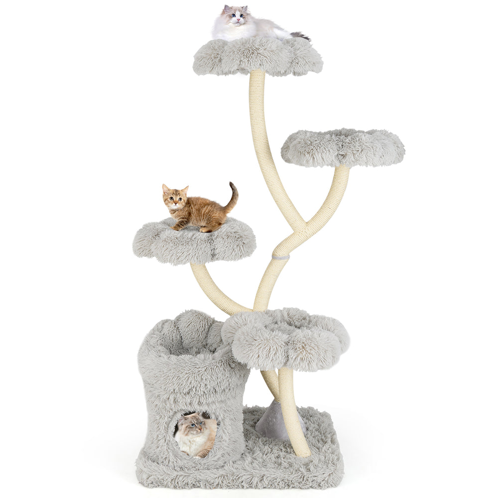 Freestanding cat tower in gray with four flower-shaped platforms and sisal scratching posts for climbing and relaxation.
