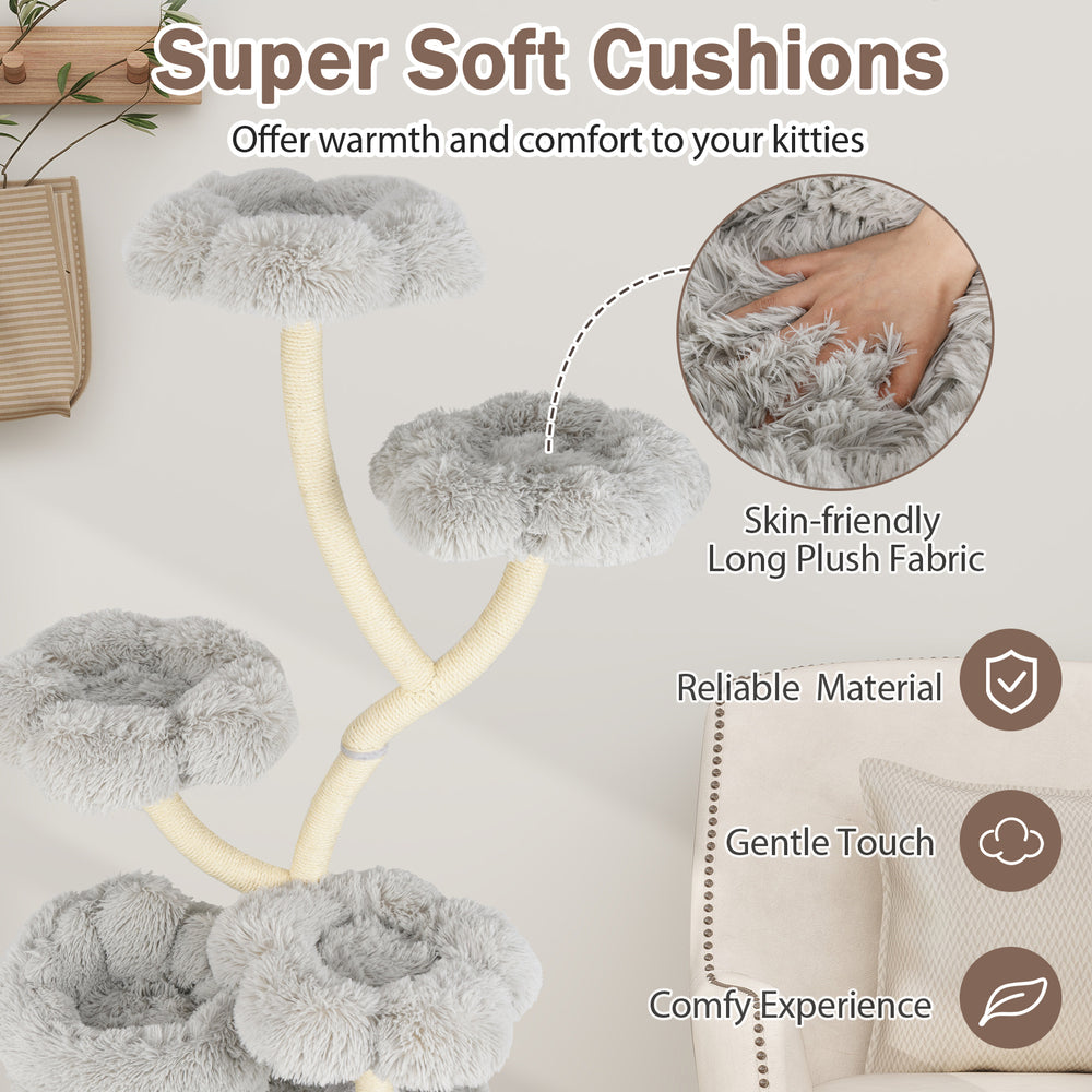 Freestanding cat tower with four flower-shaped platforms, gray plush fabric, and sisal scratching posts for cozy.