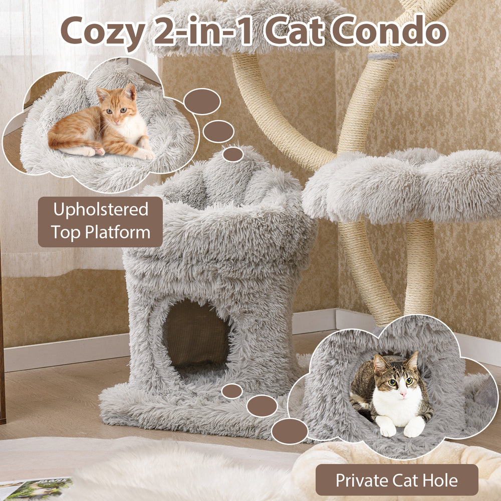 Cozy gray cat condo with a private hole and padded top, featuring soft plush fabric and sisal scratching posts.