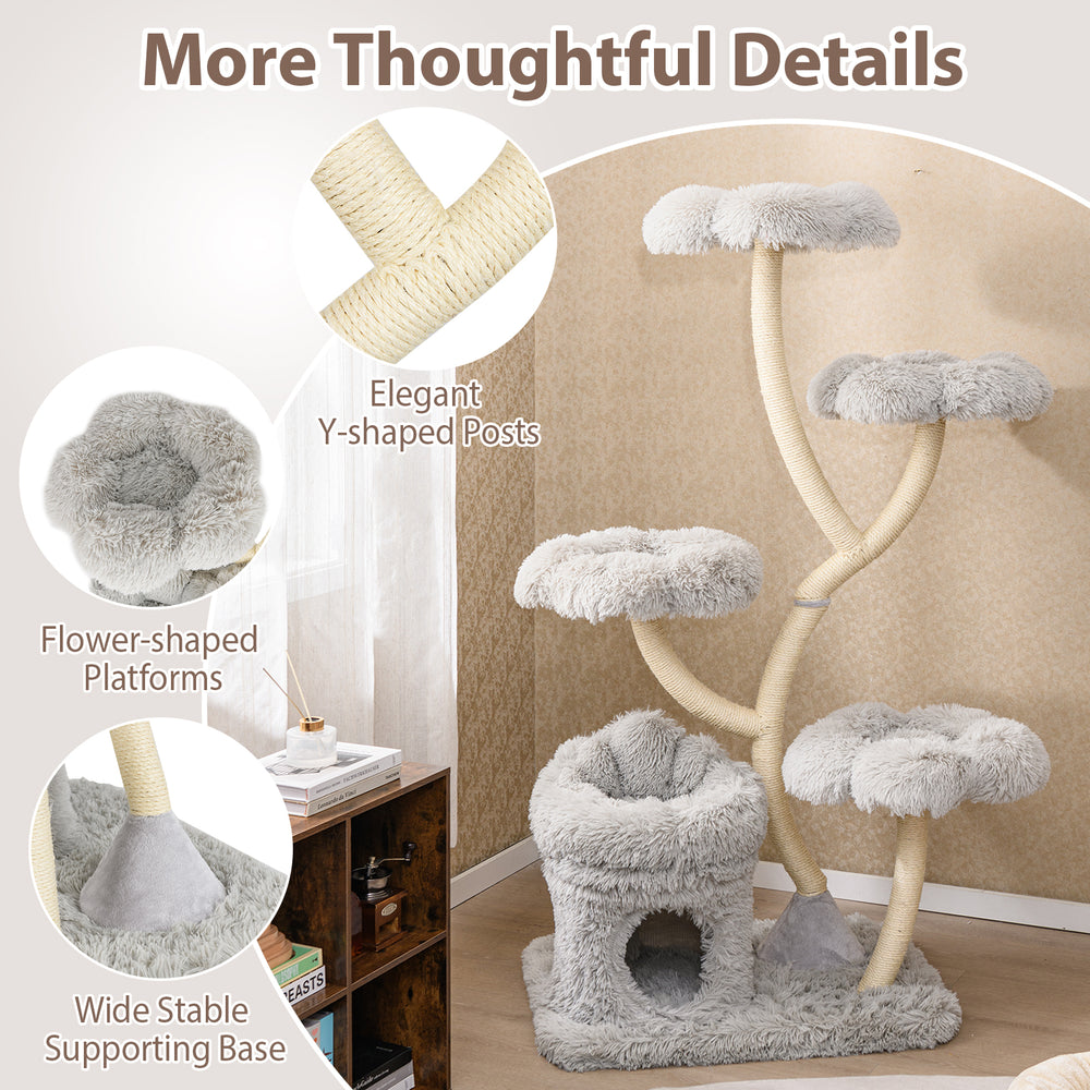 Freestanding cat tower with four flower-shaped platforms and sisal scratching posts, designed for cozy relaxation and.
