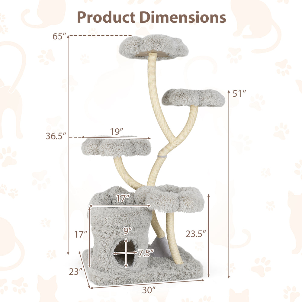 Freestanding cat tower with four flower-shaped platforms and sisal scratching posts, measuring 51" tall and 30" wide.