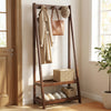 Freestanding walnut clothes rack with 3 hooks and 2 shelves, ideal for entryway or bedroom storage.