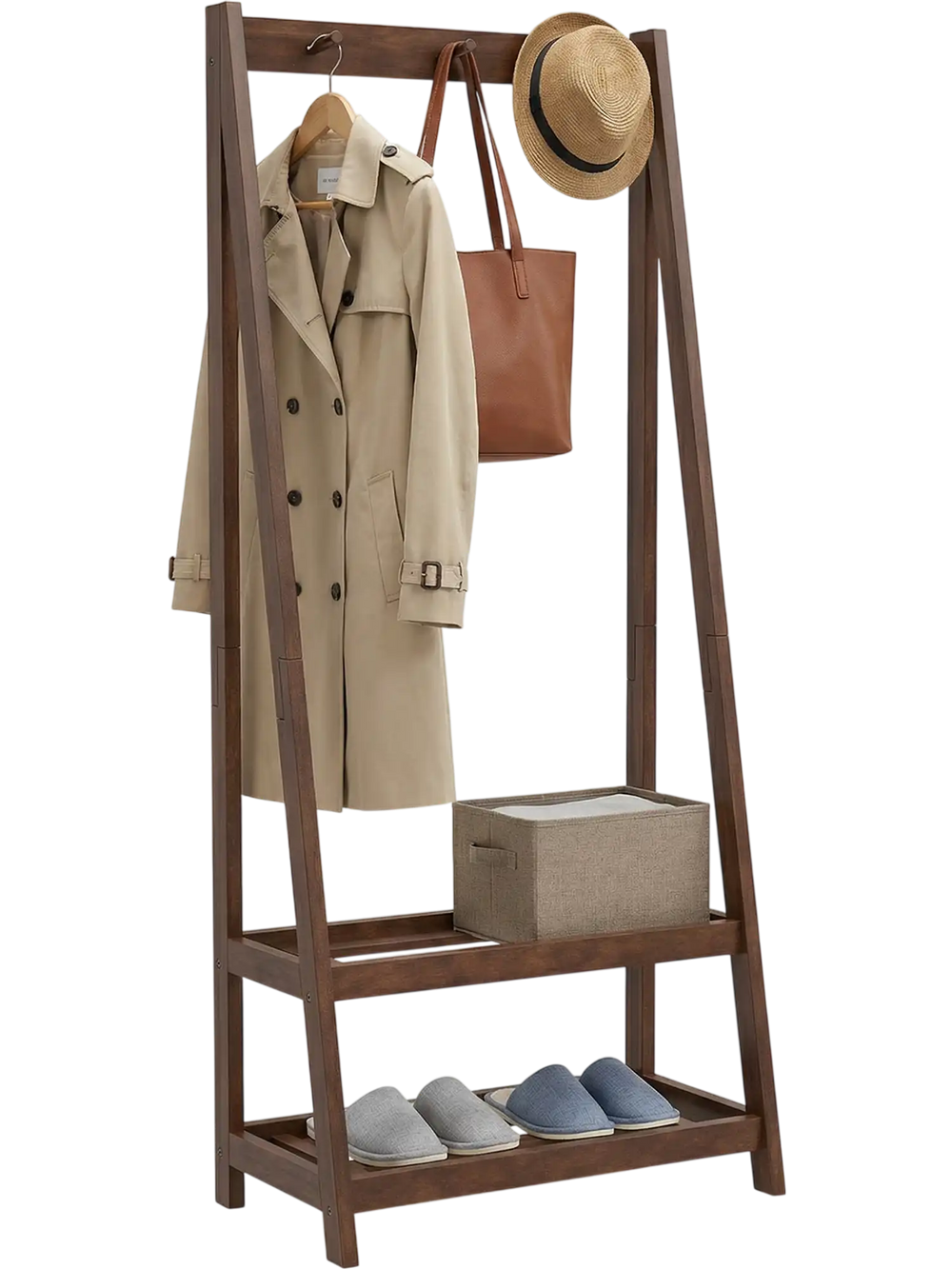 Freestanding clothes rack in walnut with 3 hooks and 2 shelves, perfect for entryway or bedroom organization.