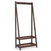 Freestanding clothes rack in walnut with 3 hooks and 2 shelves, perfect for bedroom or entryway storage.