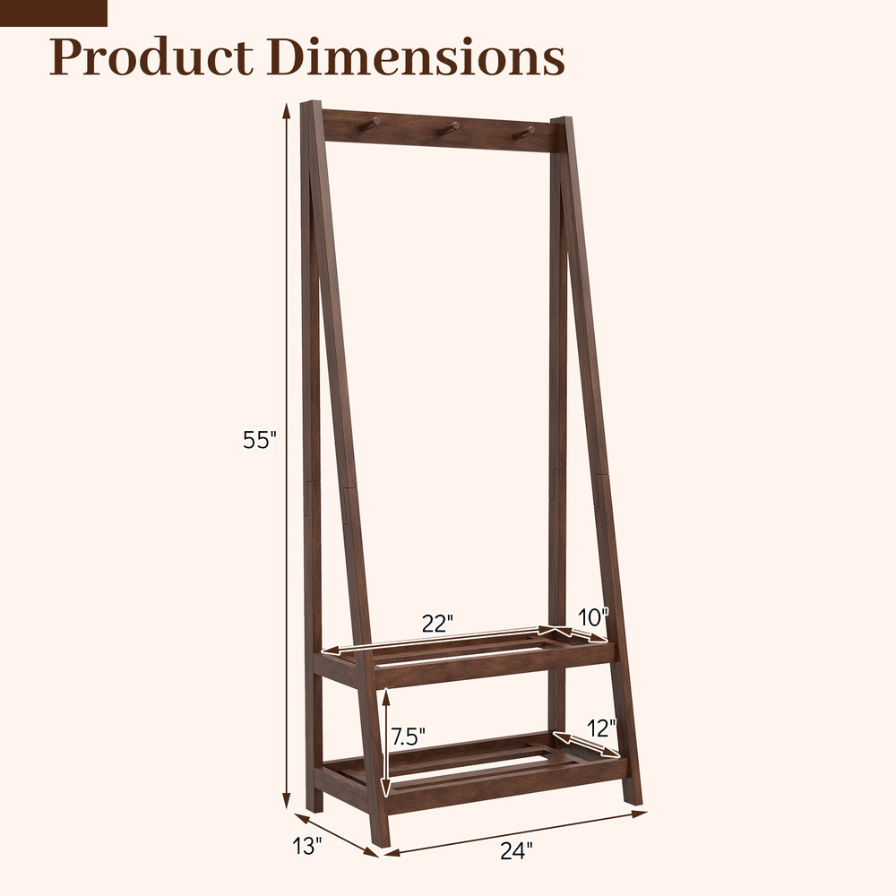 Freestanding clothes rack in walnut with 3 hooks and 2 shelves, featuring a stable A-shaped frame for entryway use.