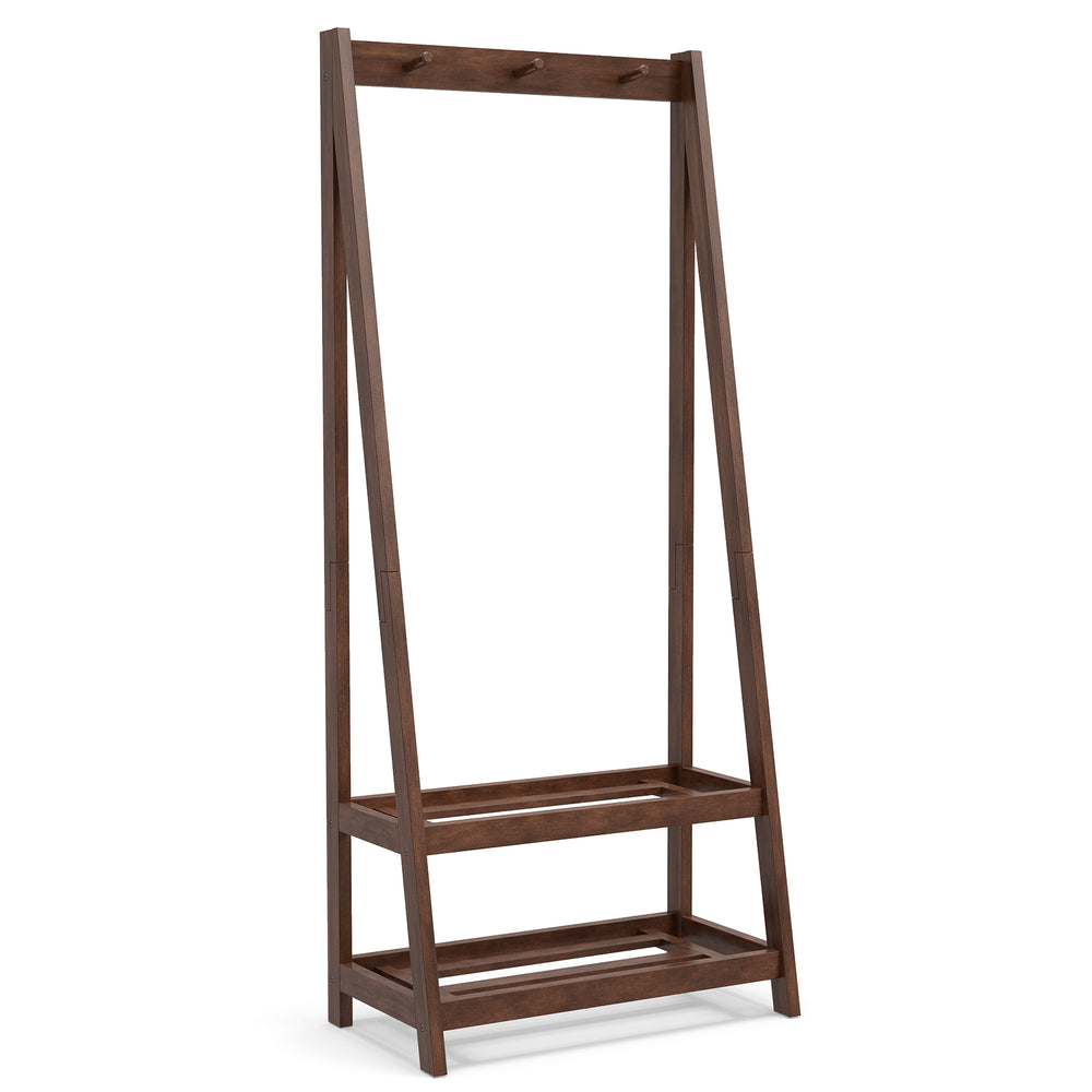 Freestanding clothes rack in walnut with 3 hooks and 2 shelves, ideal for entryway or bedroom storage.