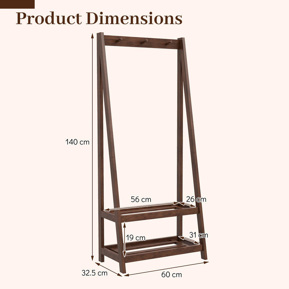 Freestanding clothes rack in walnut with 3 hooks and 2 shelves, featuring a sturdy A-shaped frame for stability.