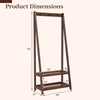 Freestanding clothes rack in walnut with 3 hooks and 2 shelves, featuring an A-shaped frame for stability and rustic.
