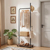 Freestanding clothing rack with wheels, rustic brown shelves, and hanging rod for stylish organization in entryway or.