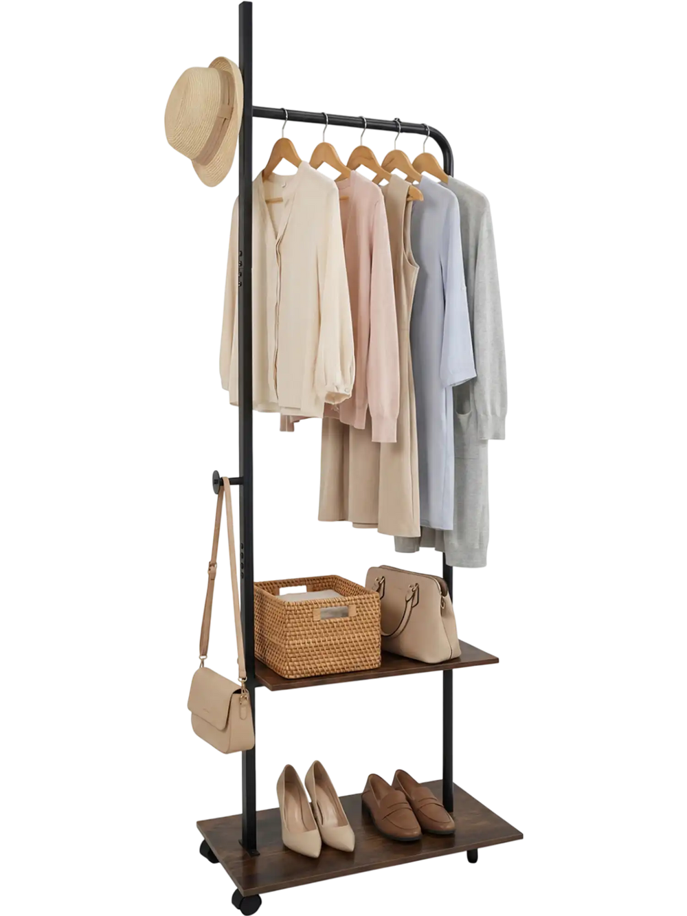 Freestanding clothing rack in rustic brown with wheels, featuring hanging rod, side hooks, and storage shelves for.