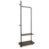 Freestanding clothing rack with wheels, rustic brown shelves, and heavy-duty metal frame for versatile storage and.