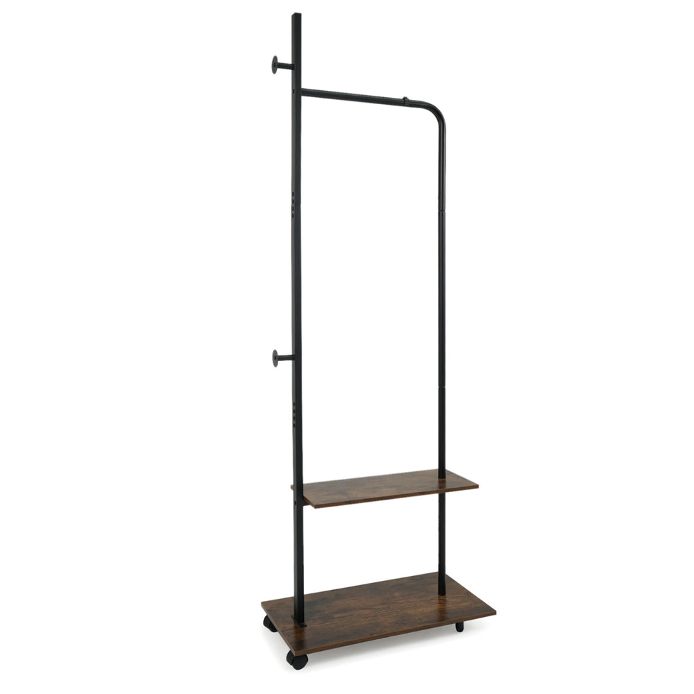 Freestanding clothing rack with wheels, rustic brown shelves, and heavy-duty metal frame for versatile storage and.