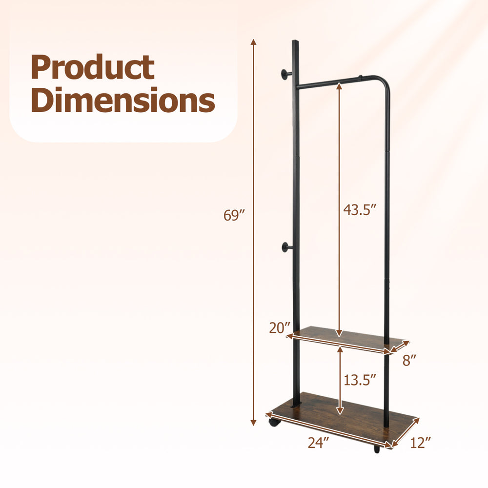 Freestanding clothing rack with wheels, featuring rustic brown shelves, dimensions 69" height, 24" width, for entryway.