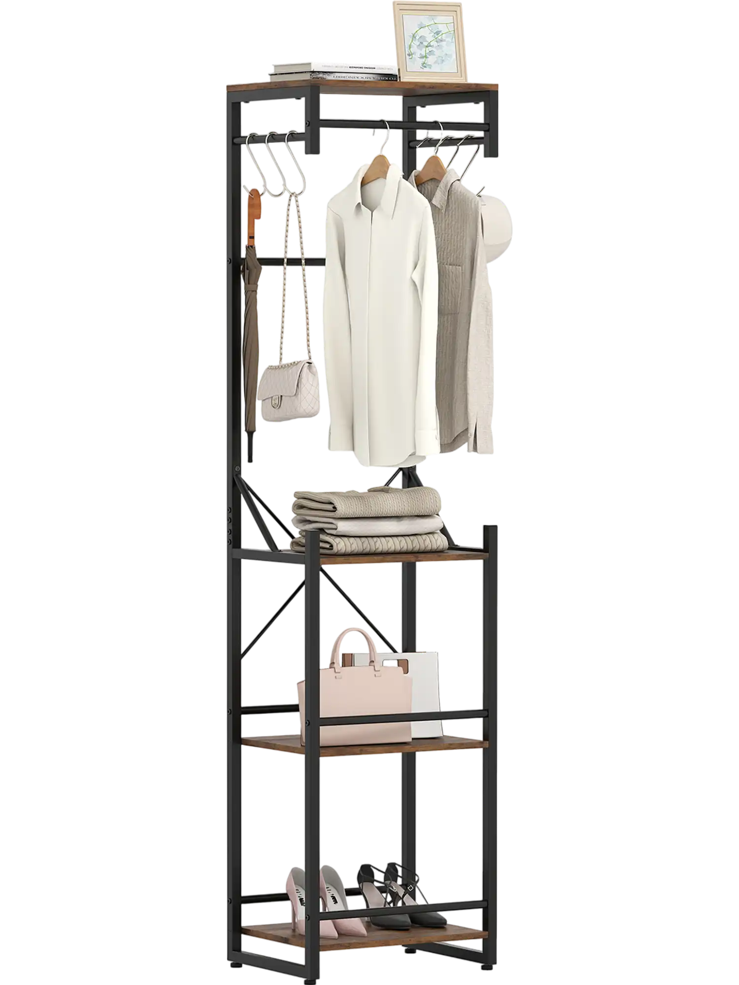 Costway Freestanding Coat Rack Hall Tree 4 Shelves 6 Hooks 68896365 New