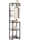 Freestanding coat rack with a slim design, featuring 3 hanging rods and 4 wood grain shelves for stylish storage.