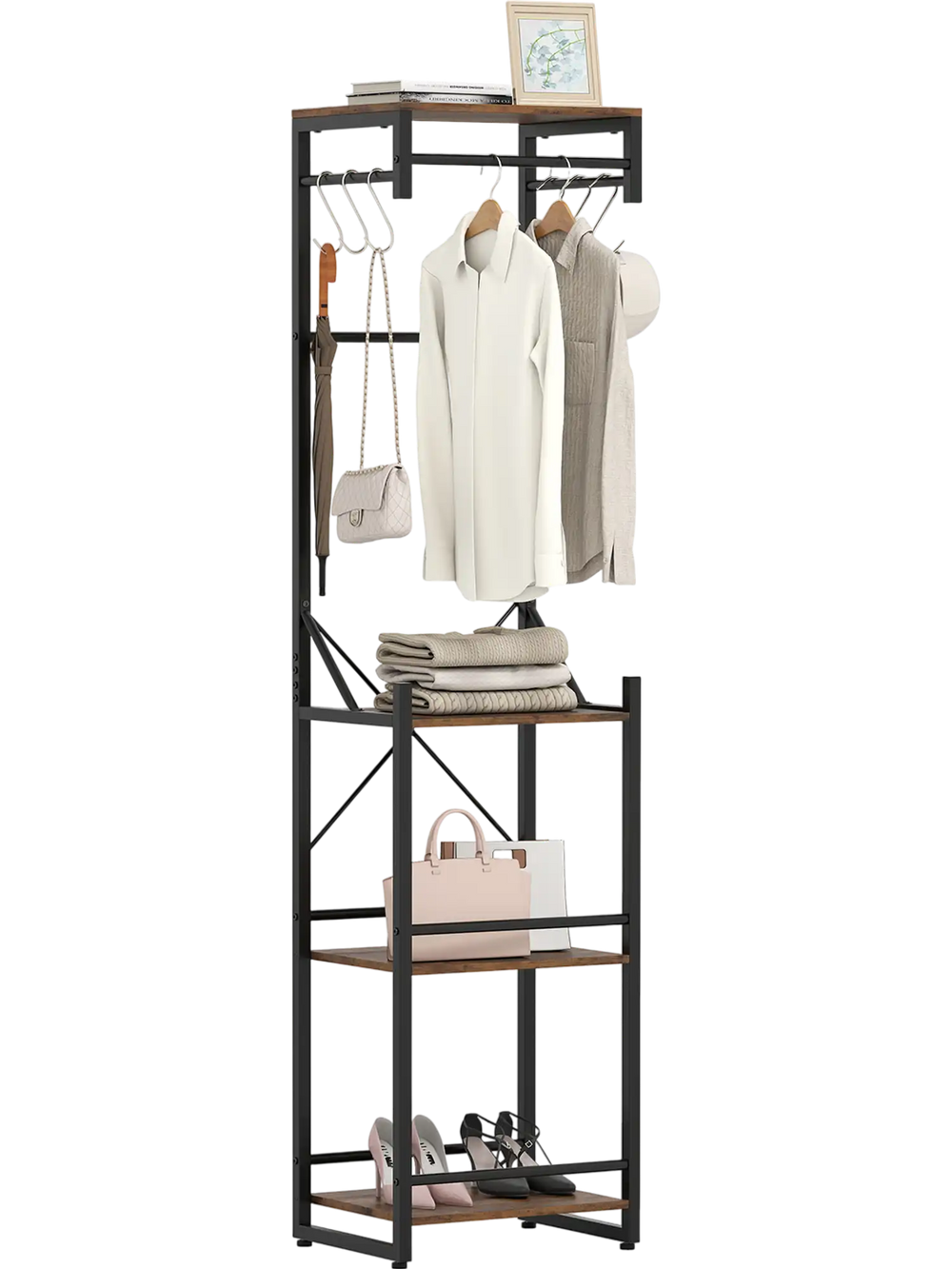 Freestanding coat rack with a slim design, featuring 3 hanging rods and 4 wood grain shelves for stylish storage.