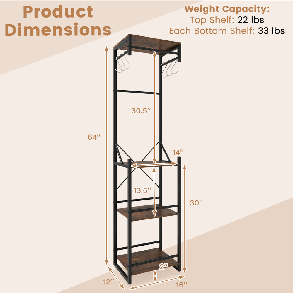 Freestanding coat rack with rustic brown wood grain shelves, 6 hooks, and 4 storage shelves for entryways or bedrooms.