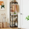 Freestanding coat rack in rustic brown with 4 shelves and 6 hooks, ideal for organizing entryways and small spaces.