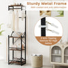 Freestanding coat rack in rustic brown with 4 shelves and 6 hooks, featuring a sturdy metal frame for entryway storage.