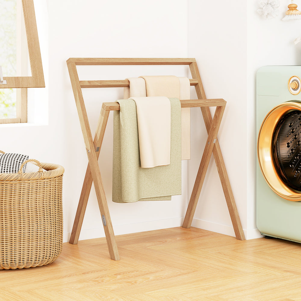 Freestanding foldable teak wood towel rack showcasing its natural texture, perfect for stylish towel organization.