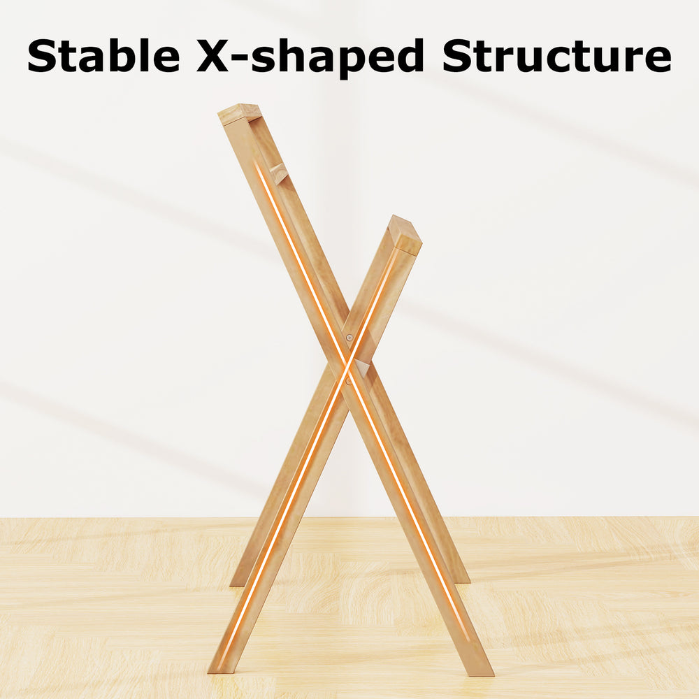 Freestanding foldable teak wood towel rack with an X-shaped structure, featuring three hanging crossbars for effective.
