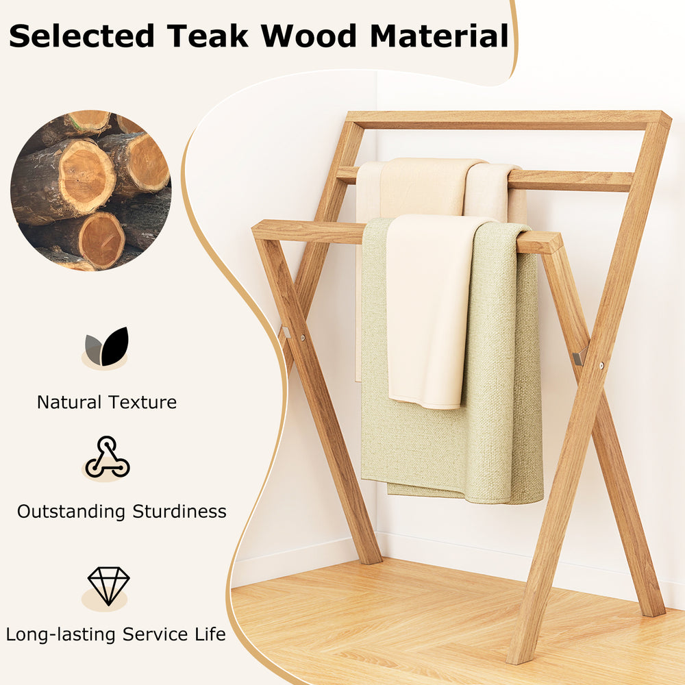 Freestanding foldable teak wood towel rack with 3 hanging crossbars, featuring a sturdy X-shaped design for effective.