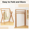 Freestanding foldable teak wood towel rack with 3 hanging crossbars, ideal for effective drying in any room.