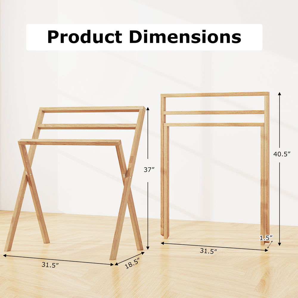 Freestanding foldable teak wood towel rack with dimensions shown, featuring 3 hanging crossbars for effective drying.