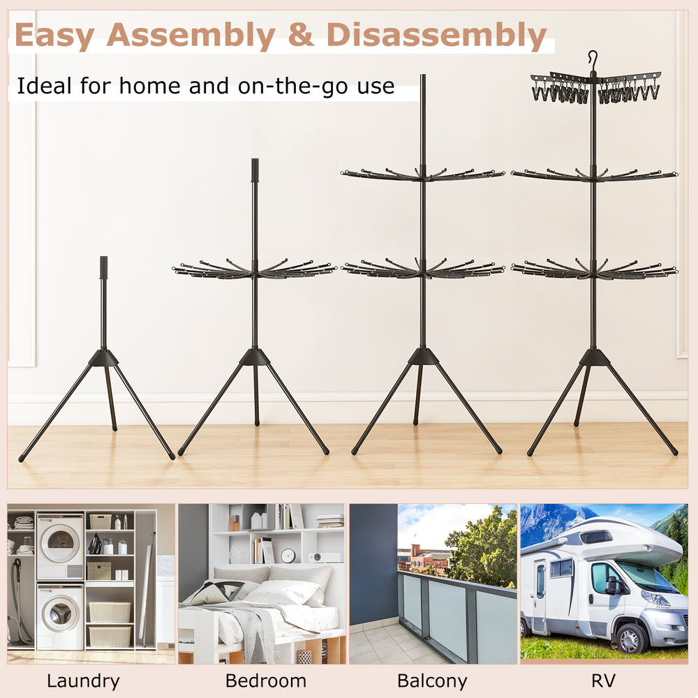 3-tier black folding clothes drying rack with 24 clips, featuring a stable tripod base for easy assembly and storage.