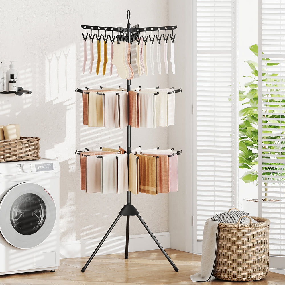 3-tier black tripod clothes drying rack with 24 clips, ideal for apartments and small spaces, featuring a folding.