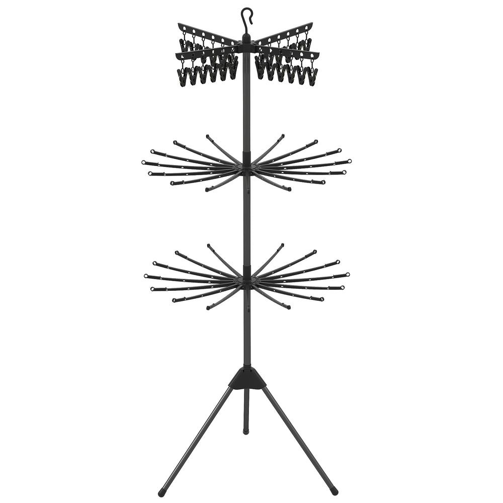 3-tier black folding clothes drying rack with 24 clips and 360° rotating arms, perfect for small living spaces.