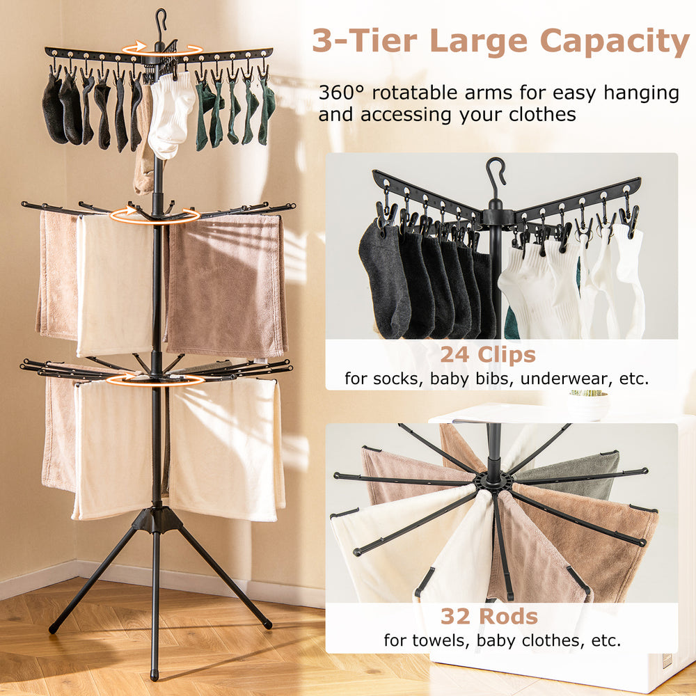 3-Tier black clothes drying rack with 24 clips and 32 rods, ideal for efficient drying in small spaces.
