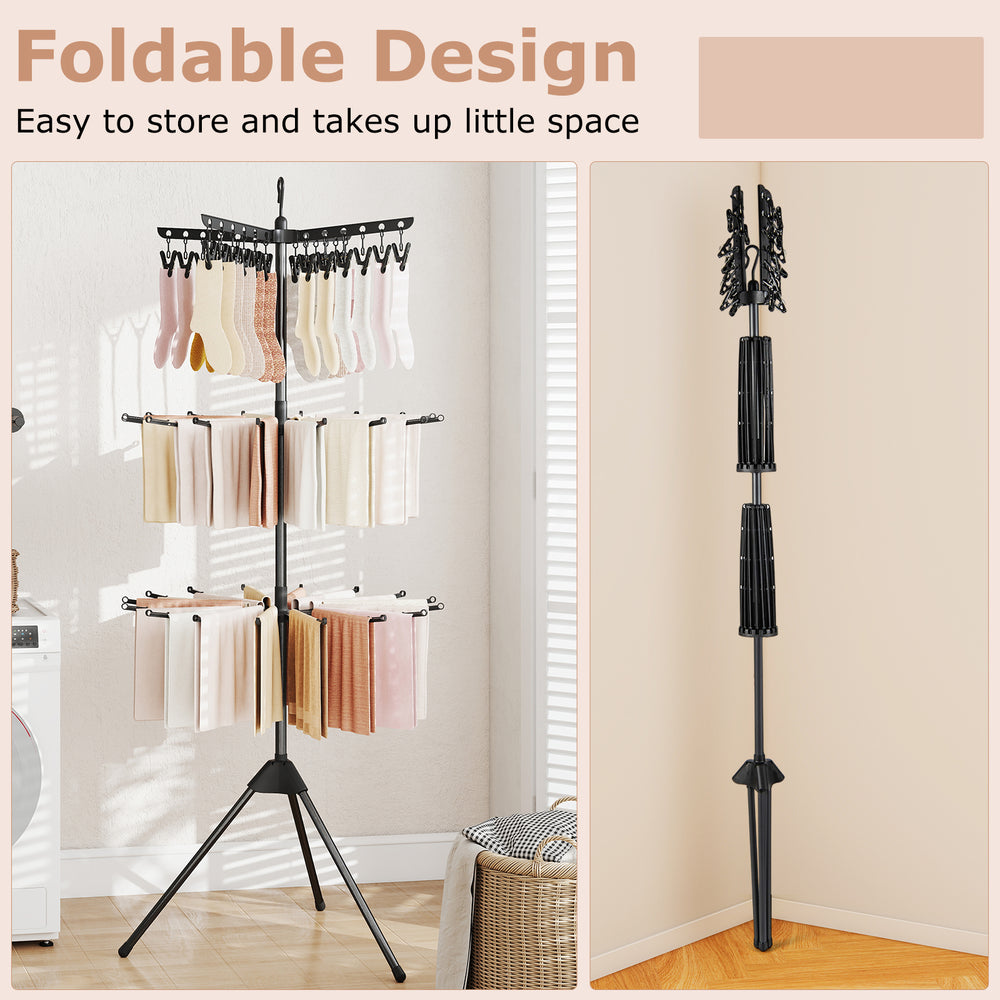 3-tier tripod folding clothes drying rack in black with 24 clips, designed for easy storage and effective drying.