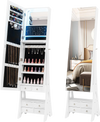 Freestanding white jewelry armoire with full-length LED mirror, 6 drawers, and adjustable angles for convenient storage.