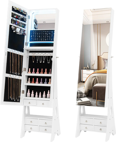 Costway Freestanding Full Length LED Mirrored Jewelry Armoire 6 Drawers 3-Color Lights 46871395 New