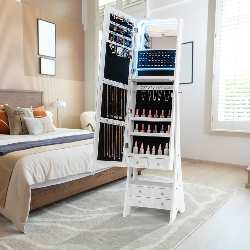Freestanding white jewelry armoire with LED lights, full-length mirror, and 6 drawers for organized storage in a.