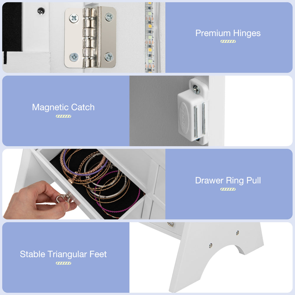 Close-up of premium hinges and magnetic catch on the freestanding LED mirrored jewelry armoire in white.