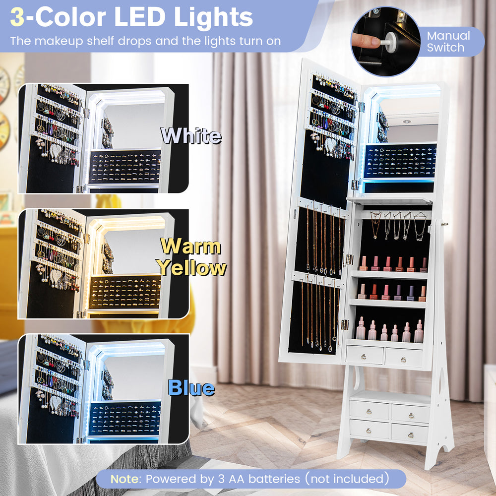 Freestanding white LED mirrored jewelry armoire with 6 drawers, featuring adjustable angles and bright 3-color LED.
