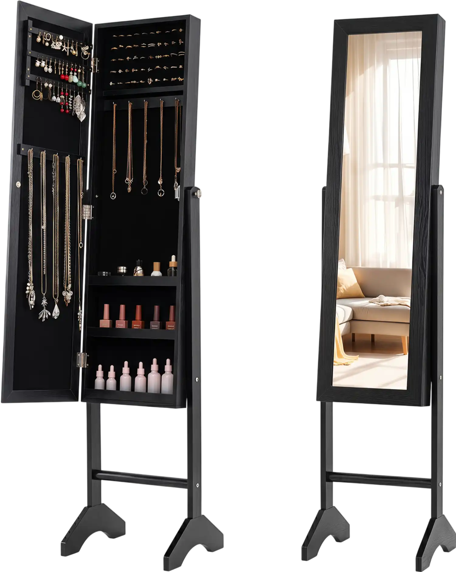 Costway Freestanding Jewelry Armoire Full Length Mirror Velvet Lining 40784998 New