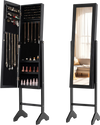Freestanding jewelry armoire in black with velvet lining and full-length mirror, perfect for organizing accessories.