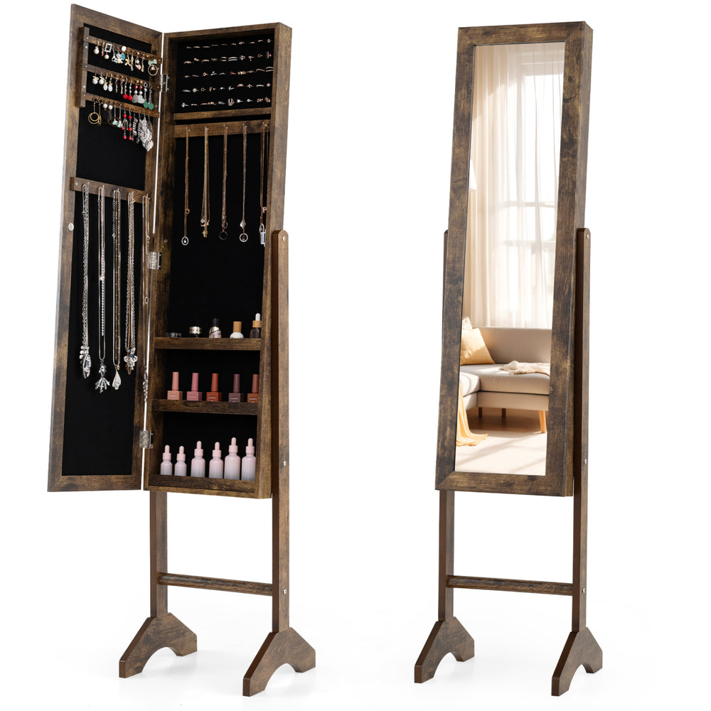 Freestanding Jewelry Armoire with Velvet Lining and Full Length Mirror-Brown - Gallery View 1 of 1