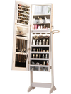 Freestanding jewelry cabinet in white with full-length mirror, ample storage, and LED lights for organized accessories.