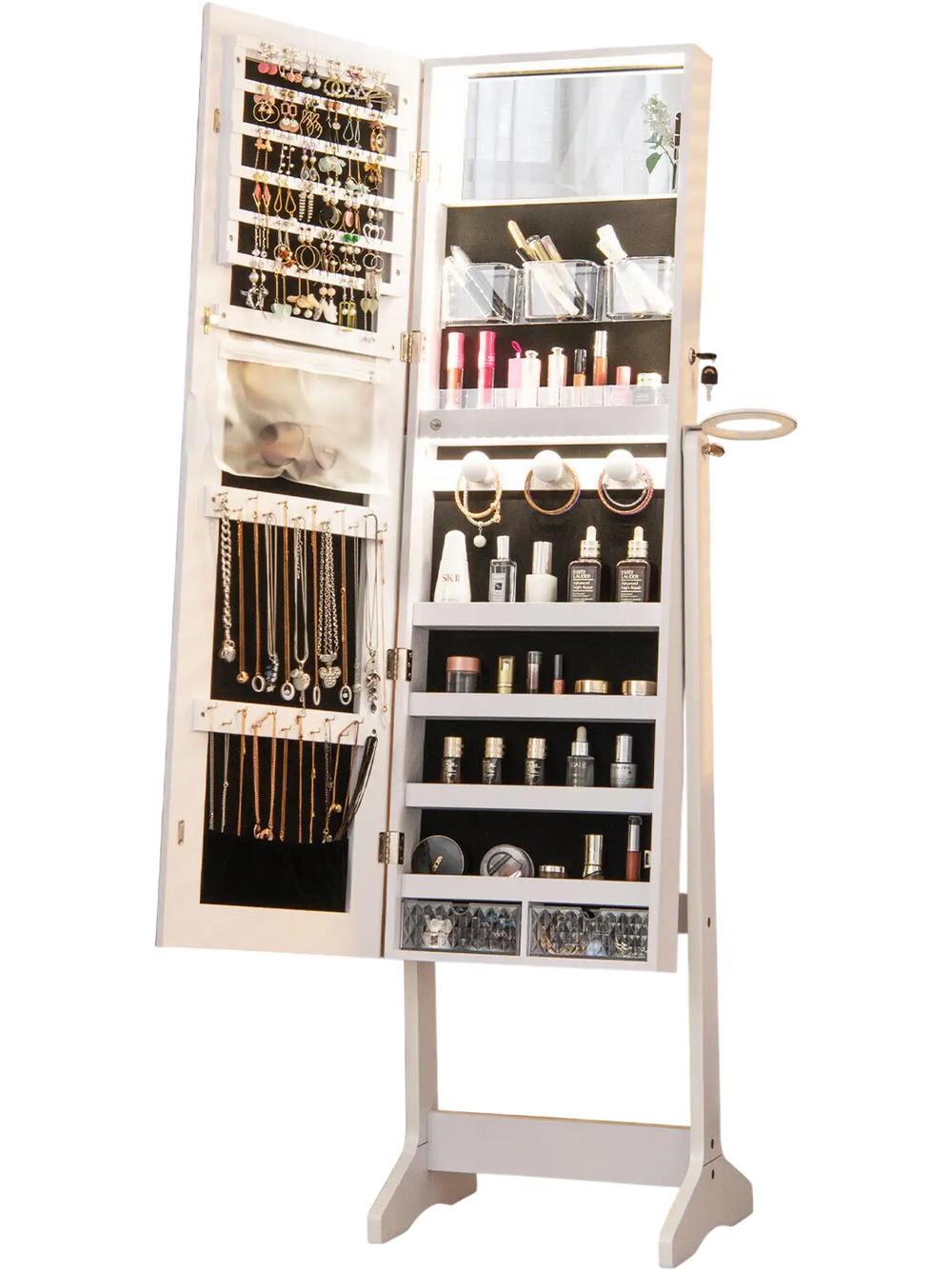 Freestanding jewelry cabinet in white with full-length mirror, ample storage, and LED lights for organized accessories.