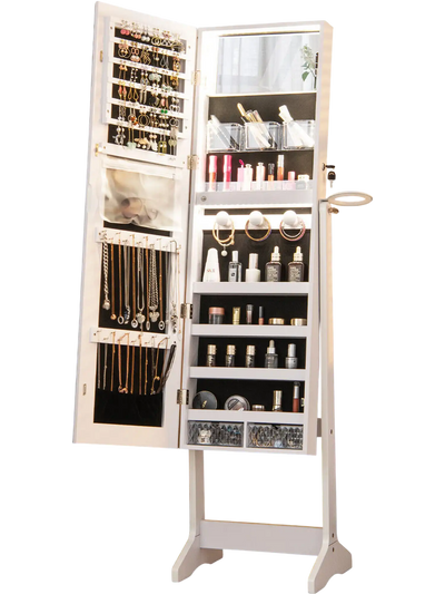 Costway Freestanding Jewelry Armoire Cabinet Full Length HD Mirror White 17283694 New