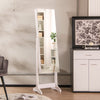 Freestanding jewelry cabinet in white with full-length HD mirror, ample storage, and auto on LED lights for convenience.