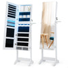 Freestanding jewelry cabinet in white with full-length mirror, LED lights, and ample storage for accessories.